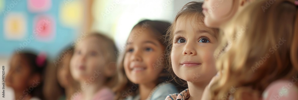 Fototapeta premium Group of children listening to their teacher with a smiling little girl in focus