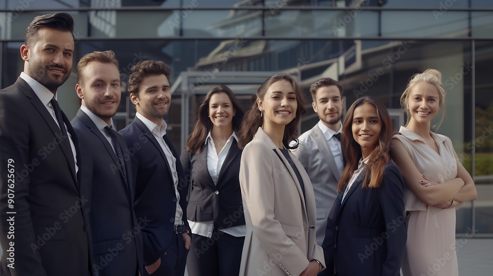 Cheerful smiling team of diverse business people in formal suit looking confident at camera with positive faces gathered outside the work building Happy corporate work team posing for : Generative AI Cheerful smiling team of diverse business people in formal suit looking confident at camera with positive faces gathered outside the work building Happy corporate work team posing for : Generative AI