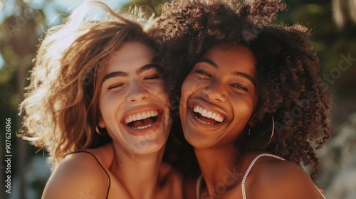 Two friends laughing and smiling brightly in sunlight, capturing a joyful and carefree moment.