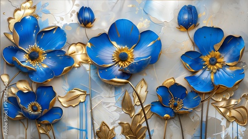 Fototapeta Naklejka Na Ścianę i Meble -  Blue and gold flowers create a vibrant and luxurious floral composition. Suitable for decorative themes, artistic designs, and elegant decor.