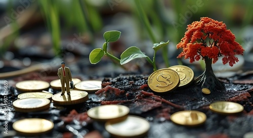 illustration of a businessman standing on money above the environment, symbol of environmental capitalization photo