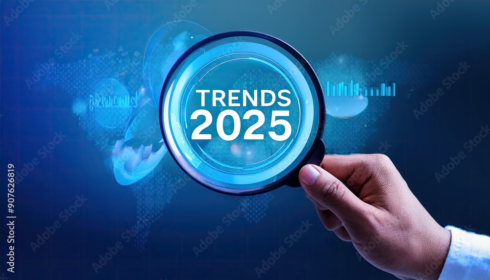 Business Trends 2025 Concept. A hand holds a magnifying glass focusing on the word Business Trends 2025 Concept. A hand holds a magnifying glass focusing on the word