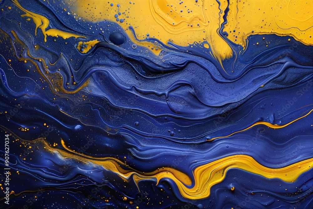 An abstract image of flowing blue and yellow waves, creating a dynamic ...