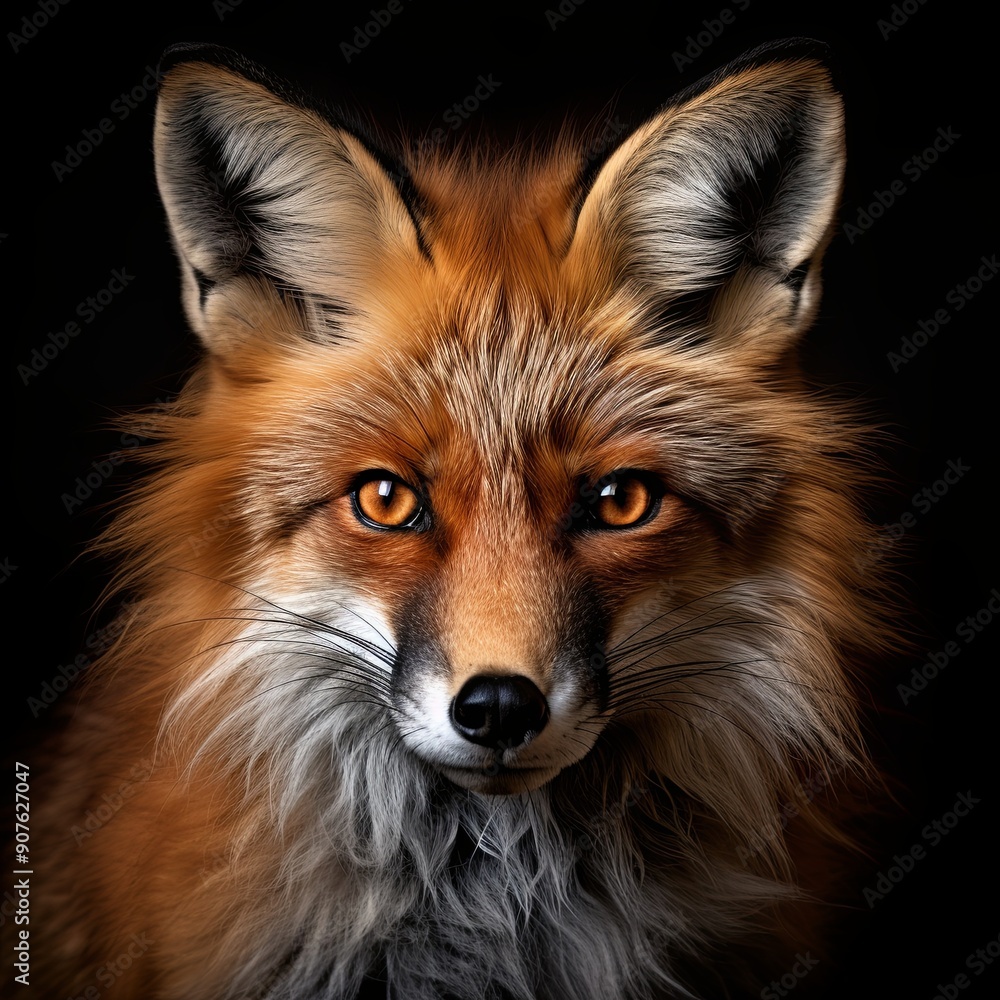 Close up portrait of a red fox isolated on a dark background. The fox has vibrant fur and bright, alert eyes, making it perfect for websites, blogs, and social media posts. Close up portrait of a red fox isolated on a dark background. The fox has vibrant fur and bright, alert eyes, making it perfect for websites, blogs, and social media posts.