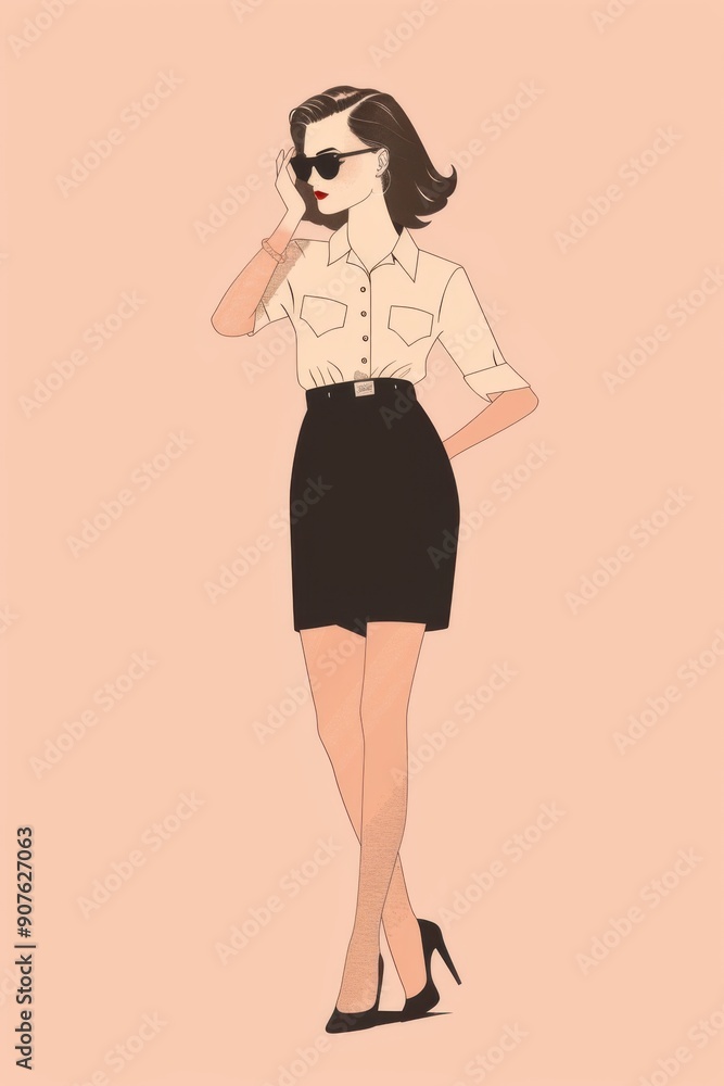 Minimalism illustration, a European woman, wearing a pencil skirt with a button-up blouse and kitten heels, standing with one hand adjusting her sunglasses, vintage retro fashion, flat illustration Minimalism illustration, a European woman, wearing a pencil skirt with a button-up blouse and kitten heels, standing with one hand adjusting her sunglasses, vintage retro fashion, flat illustration