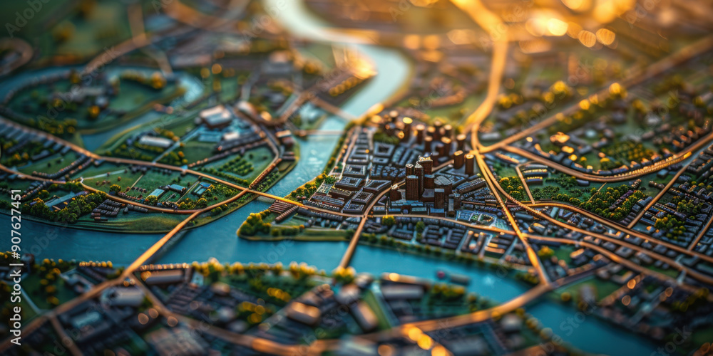 Fototapeta premium Close-up view of a detailed map featuring a city layout with rivers, roads, and buildings under golden light.