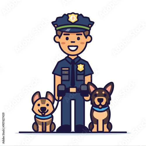Smiling police officer standing confidently flanked happy K9 dogs. Male law enforcement professional, hands gloved dogs wear blue collars. Dark uniform, badge, police hat isolated white background