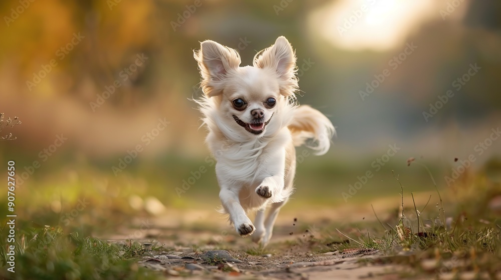Photo Realistic: A Small Chihuahua Dog Running Happily Ahead Outdoors Photo Realistic: A Small Chihuahua Dog Running Happily Ahead Outdoors