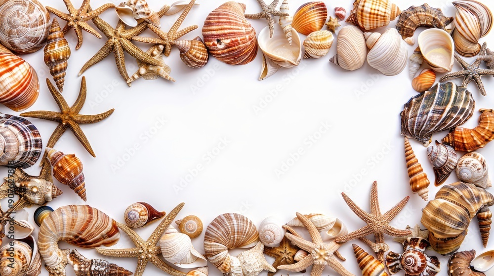 Obraz premium Sea shell and snail and mollusc wooden frame isolated on white background