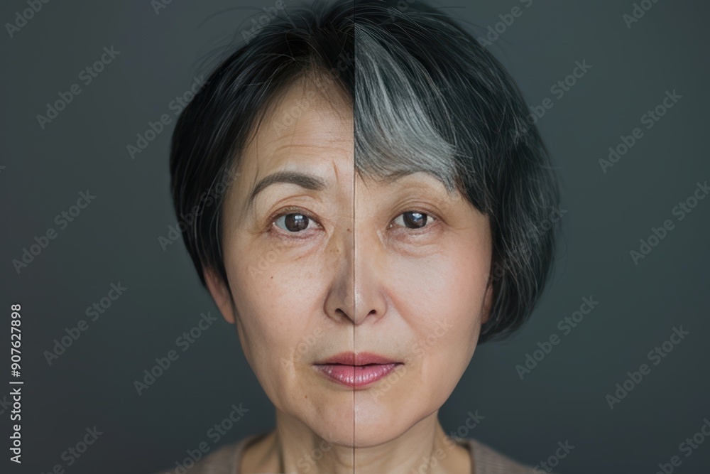 Two women's faces, one with wrinkles and the other without Two women's faces, one with wrinkles and the other without