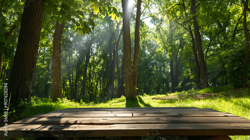 Sun-Dappled Forest Picnic Table: A rustic wooden picnic table sits invitingly in a lush forest clearing, bathed in the warm glow of morning sunlight filtering through the verdant canopy. 