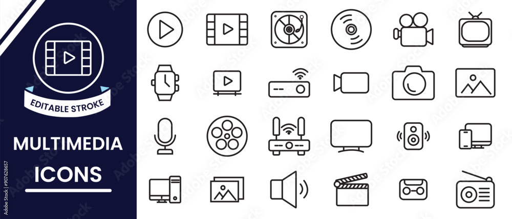 © Vector Vista - Multimedia icons set. Multimedia Line Editable Icons, vector set. Set of electronics device icons. Set of modern digital technology icons. Technology editable line icon for website, app, logo.
