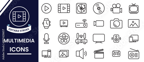 Multimedia icons set. Multimedia Line Editable Icons, vector set. Set of electronics device icons. Set of modern digital technology icons. Technology editable line icon for website, app, logo. 