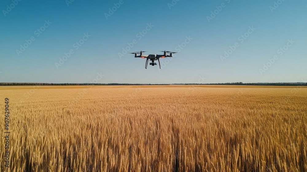 A drone surveying large wheat fields from above A drone surveying large wheat fields from above