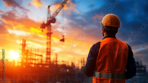 A construction worker wearing an orange vest stands in front of a large crane. The sky is orange and the sun is setting