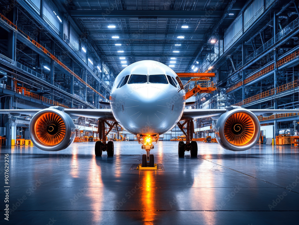A large white airplane is parked in a hangar with its engines visible. The hangar is dimly lit, giving the scene a mysterious and industrial feel A large white airplane is parked in a hangar with its engines visible. The hangar is dimly lit, giving the scene a mysterious and industrial feel
