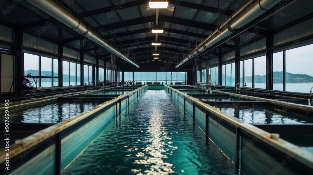 Sustainable fish farm with clear water tanks Sustainable fish farm with clear water tanks