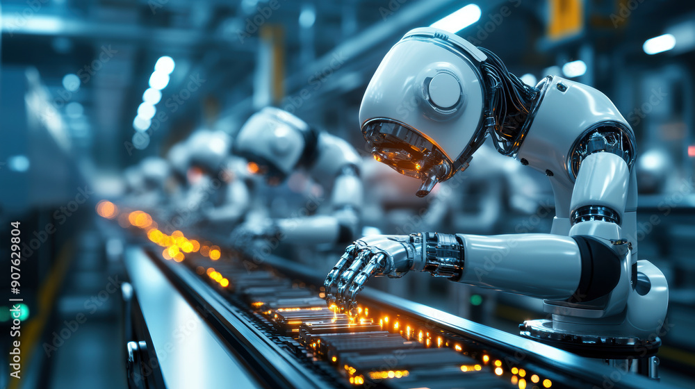 Obraz premium A robot is working on a conveyor belt with other robots. The robots are all white and have orange lights on their hands. The conveyor belt is filled with electronic components. The scene is futuristic