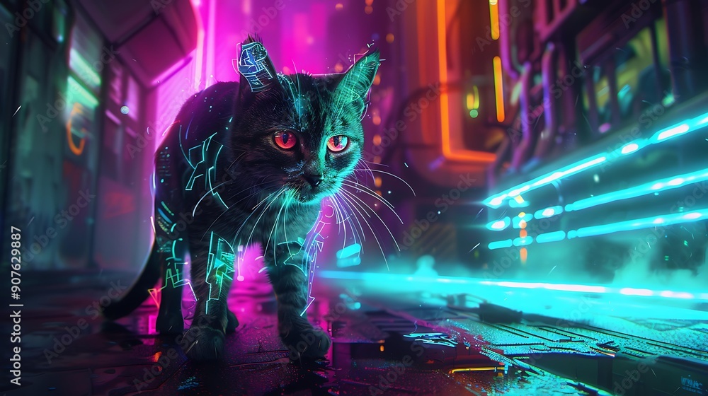 A cybernetic cat with neon accents and holographic features prowling through an advanced urban environment illuminated by neon lights A cybernetic cat with neon accents and holographic features prowling through an advanced urban environment illuminated by neon lights