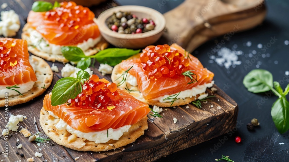 Gourmet Salmon and Red Caviar Appetizer with Fresh Cheese - Culinary Delight Concept Gourmet Salmon and Red Caviar Appetizer with Fresh Cheese - Culinary Delight Concept