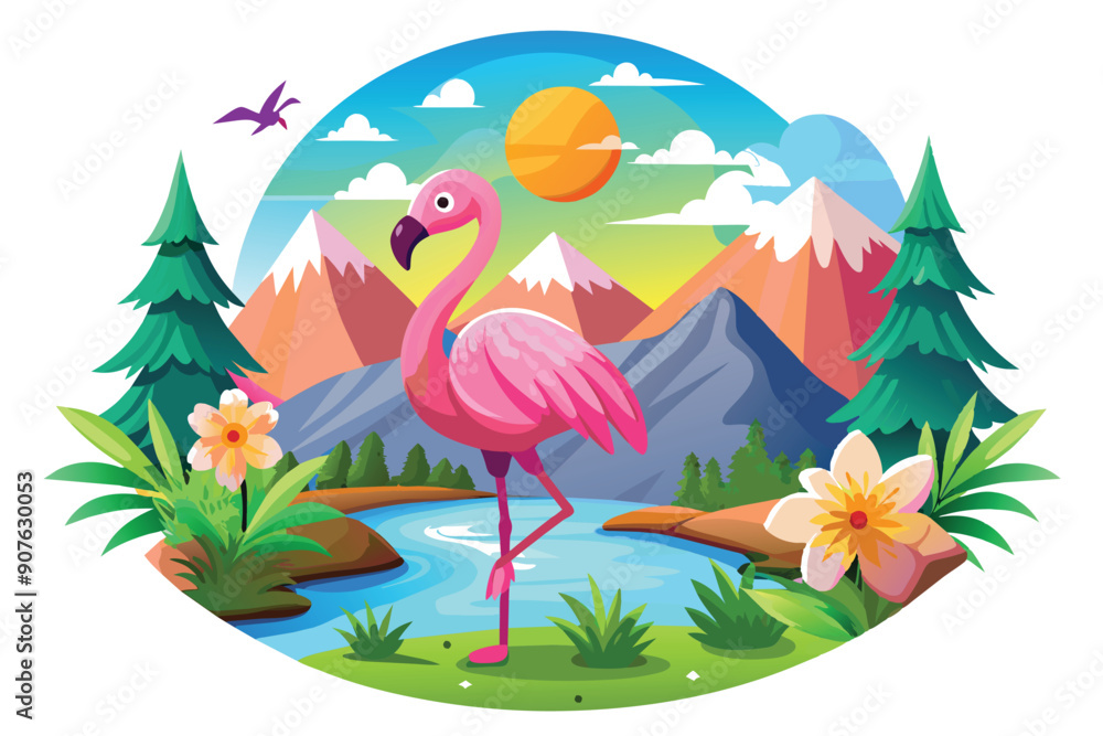 Flamingo Illustration with Mountain Lake Backdrop Flamingo Illustration with Mountain Lake Backdrop