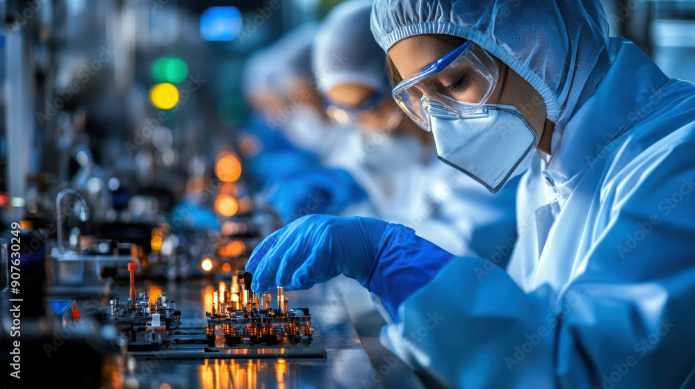 A woman in a lab coat is wearing a mask and gloves while working on a project. Concept of caution and precision A woman in a lab coat is wearing a mask and gloves while working on a project. Concept of caution and precision