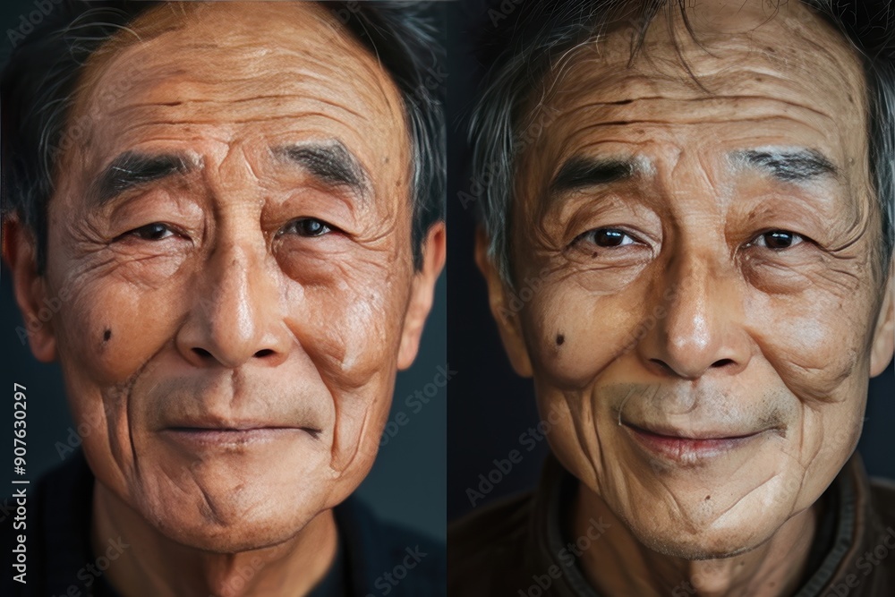 The two men in the image are both older and have wrinkles on their faces The two men in the image are both older and have wrinkles on their faces