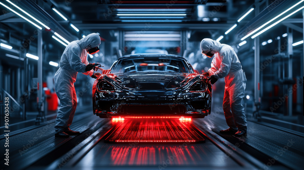 Two men in white suits are working on a car in a factory. The car is surrounded by lights and the workers are wearing protective gear. Scene is industrial and focused on the process of building a car Two men in white suits are working on a car in a factory. The car is surrounded by lights and the workers are wearing protective gear. Scene is industrial and focused on the process of building a car
