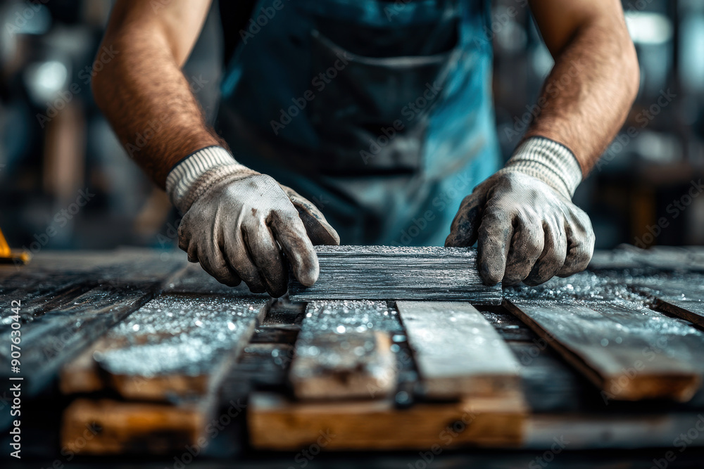 A man wearing gloves is working on a piece of wood. Concept of craftsmanship and dedication to the task at hand. The man's hands are covered in gloves A man wearing gloves is working on a piece of wood. Concept of craftsmanship and dedication to the task at hand. The man's hands are covered in gloves