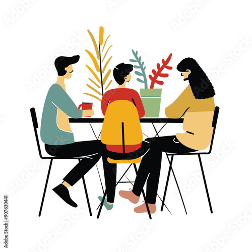 Three people sitting table, discussing casual attire, indoor setting adorned plants. Group meeting, collaboration, man holding coffee cup, another man, woman, curly hair. Isolated white background