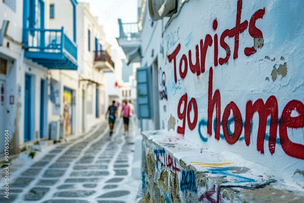 Fototapeta premium Graffiti with text 'Tourists go home' sprayed on white wall as part of anti-tourism protests