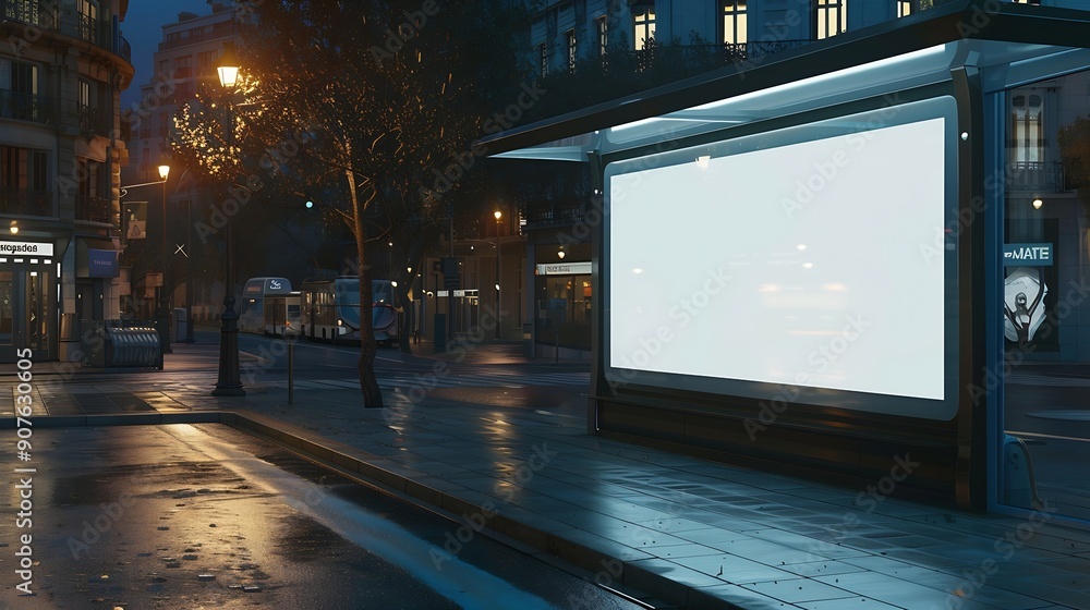 Obraz premium Concept of digital marketing in the city Advertising billboard with white empty canvas on bus shelters with protective glass Citylight on public transport stop : Generative AI