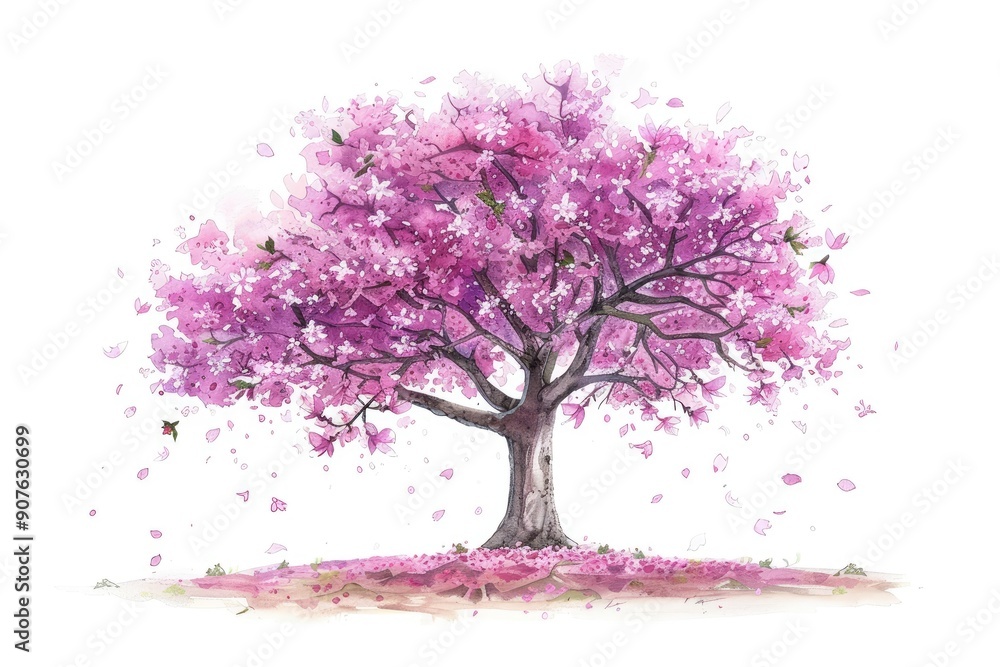 Obraz premium Beautiful watercolor illustration of a blossoming pink cherry tree with falling petals, capturing the essence of spring and natural beauty.