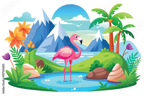 Flamingo in Front of Scenic Mountains
