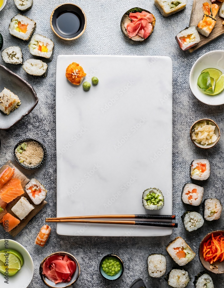 Sushi menu template, flat lay of a marble board with vibrant sushi rolls and ingredients Sushi menu template, flat lay of a marble board with vibrant sushi rolls and ingredients