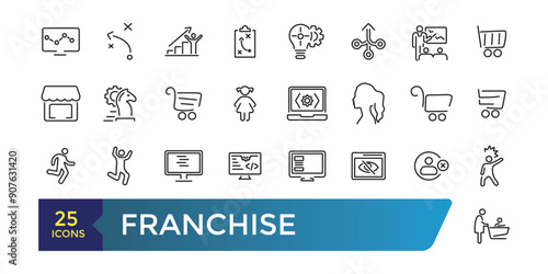Franchise icon set. Franchisee, license, royalties, chain, shop, business model Icon. Collection and pack of linear web and ui icons. Editable stroke. Vector illustration.