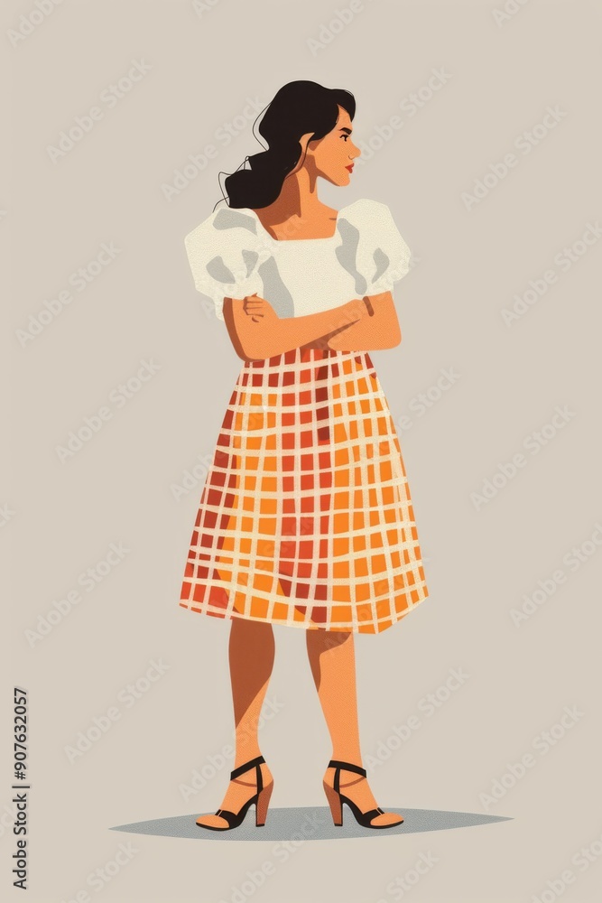 Minimalism illustration, a Latina woman, wearing a gingham skirt with a puff-sleeve blouse and ballet flats, standing with her arms crossed, vintage retro fashion, flat illustration Minimalism illustration, a Latina woman, wearing a gingham skirt with a puff-sleeve blouse and ballet flats, standing with her arms crossed, vintage retro fashion, flat illustration