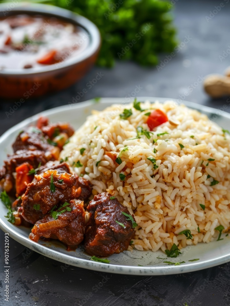 Zimbabwean peanut butter rice, a traditional dish cooked with peanut butter and served with a hearty meat stew, presented on a plate. Zimbabwean peanut butter rice, a traditional dish cooked with peanut butter and served with a hearty meat stew, presented on a plate.