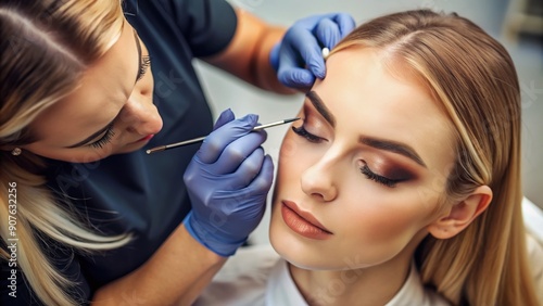 A skilled technician carefully shapes and colors a woman's eyebrows for a long-lasting, luscious look, using high-quality products for a perfect, polished finish.