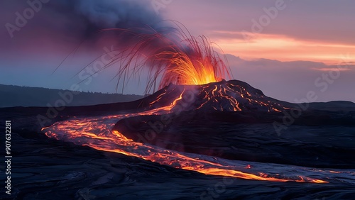 Majestic Volcano Eruption at Sunset with Flowing Lava and Dramatic Sky