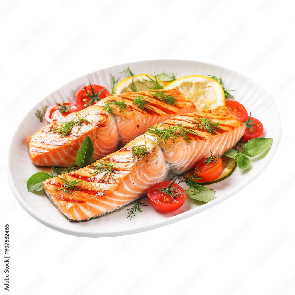 grilled salmon in dish isolated on white grilled salmon in dish isolated on white