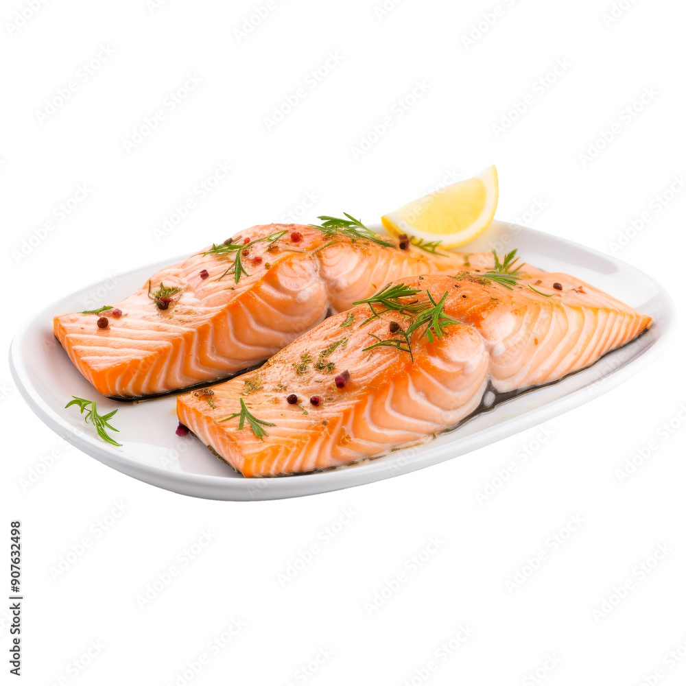 grilled salmon in dish isolated on white grilled salmon in dish isolated on white