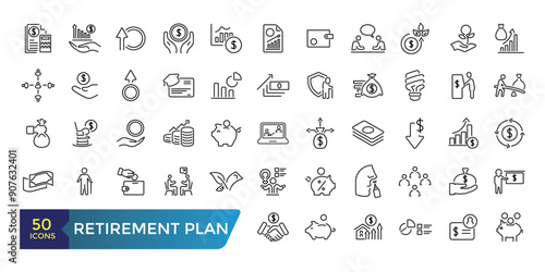Retirement plan line icons set. Pension payment, money deposit, investment fund balance sheet inheritance. Collection and pack of linear web and ui icons. Editable stroke. Vector illustration.