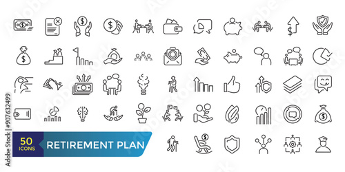 Retirement plan line icons set. Pension payment, money deposit, investment fund balance sheet inheritance. Collection and pack of linear web and ui icons. Editable stroke. Vector illustration.