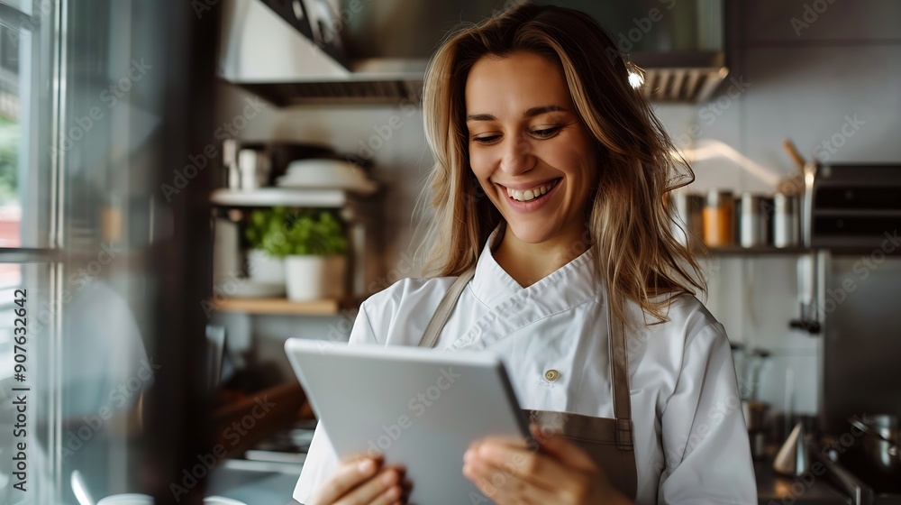 Beautiful smiling female manager looking through the window away while using digital tablet and managing business in restaurant kitchen : Generative AI Beautiful smiling female manager looking through the window away while using digital tablet and managing business in restaurant kitchen : Generative AI