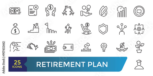 Retirement plan line icons set. Pension payment, money deposit, investment fund balance sheet inheritance. Collection and pack of linear web and ui icons. Editable stroke. Vector illustration.