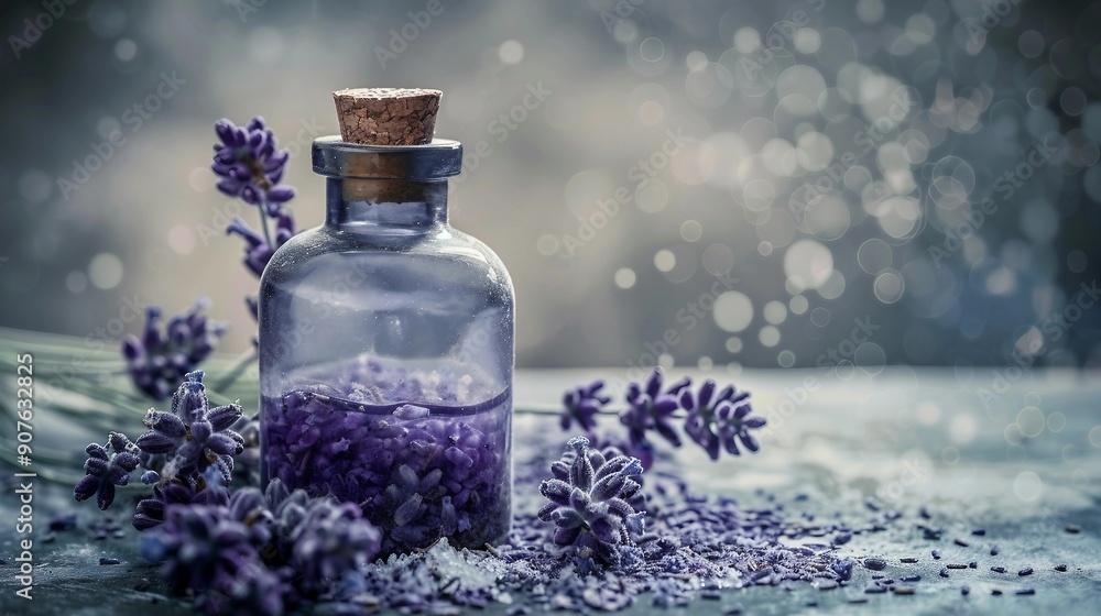 Tranquil Dried Lavender Flowers with Essential Oil Bottle and Salt for Aromatherapy Concept, Toned Image Tranquil Dried Lavender Flowers with Essential Oil Bottle and Salt for Aromatherapy Concept, Toned Image