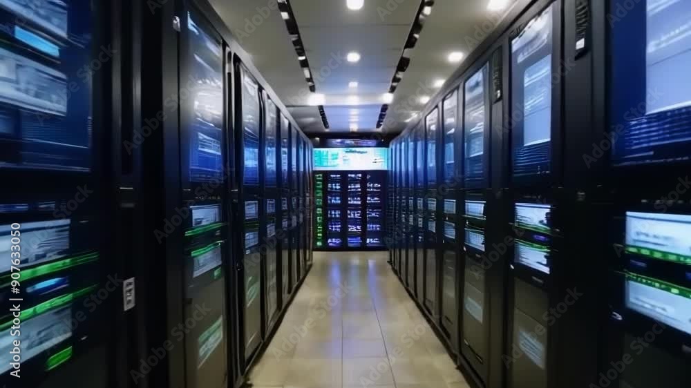 A modern data center showcasing rows of servers with illuminated screens, highlighting the tech driven environment and network management A modern data center showcasing rows of servers with illuminated screens, highlighting the tech driven environment and network management