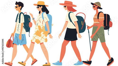 Group travelers backpacks sunglasses walking. Diverse tourists casual summer attire hats outdoors. Vacationers hiking trip animated graphic