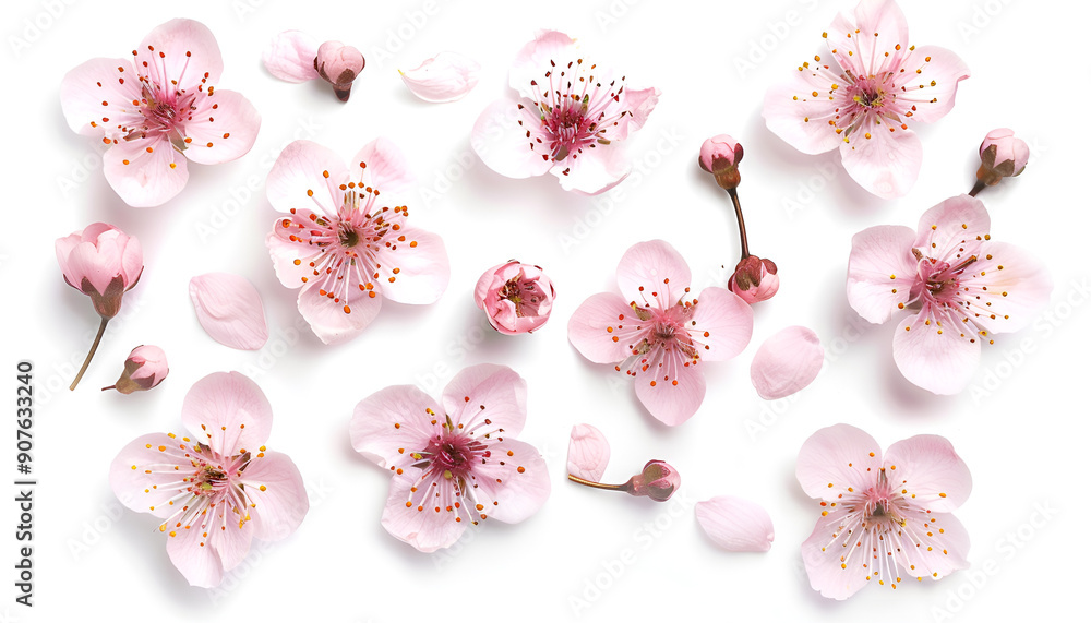 cherry flowers isolated on white background. Top view. Flat lay cherry flowers isolated on white background. Top view. Flat lay